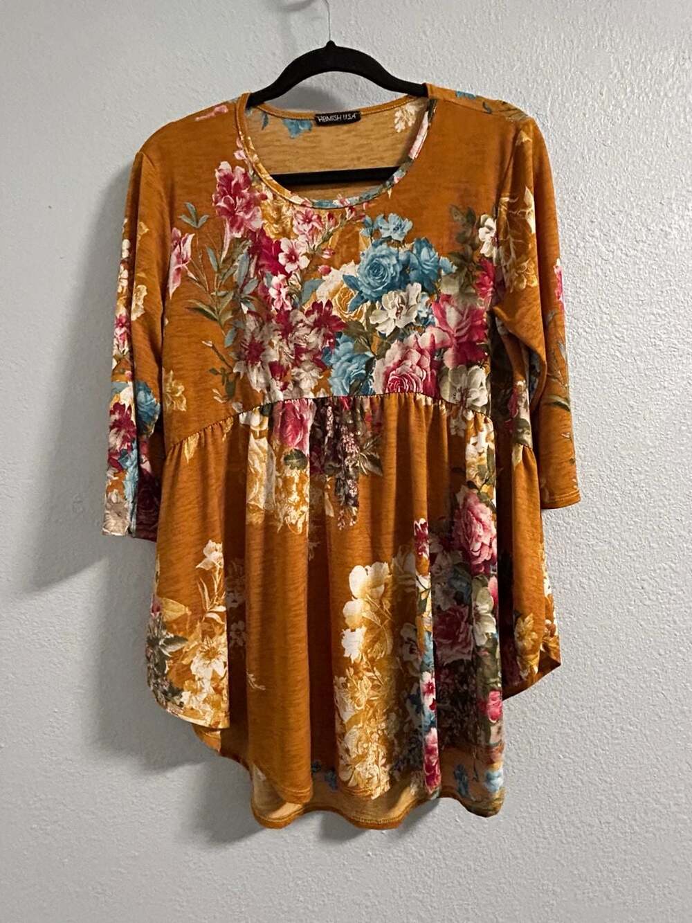 Hemish USA Mustard Yellow Floral Empire Waist Long Sleeve Tunic Blouse M